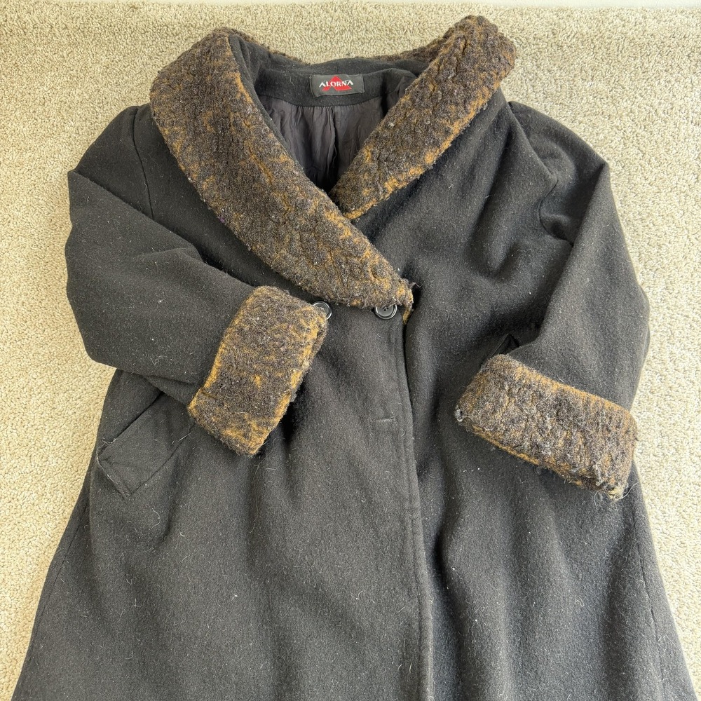 Alorna Coat Womens Large Black Wool Textured Collar Cuff Long Lined Overcoat